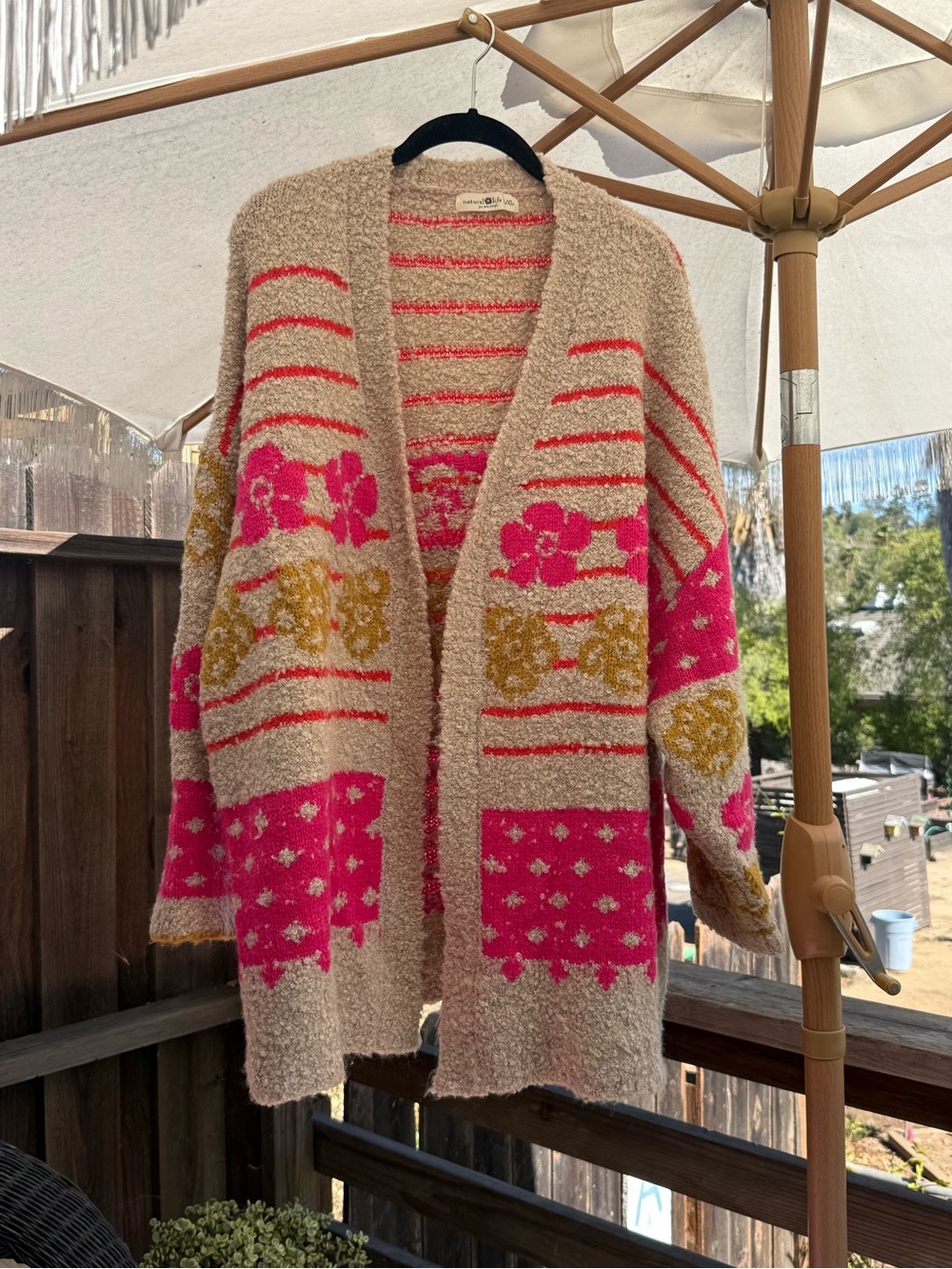 NATURAL LIFE Fuzzy Floral Open Cardigan Sweater Beige Pink Mustard L/XL Boho